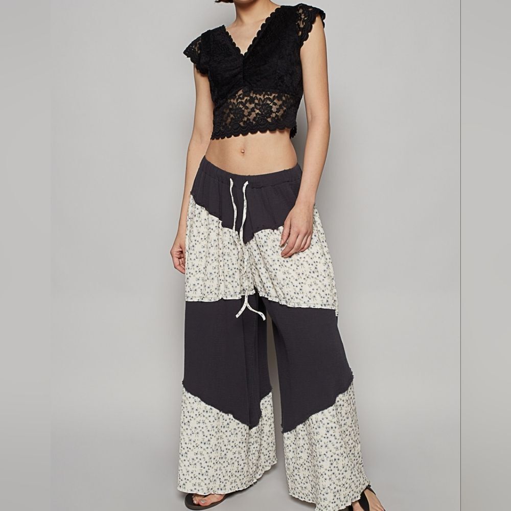 POL Contrast Floral Black Patchwork Drawstring Wide Leg Pants size Md Lg